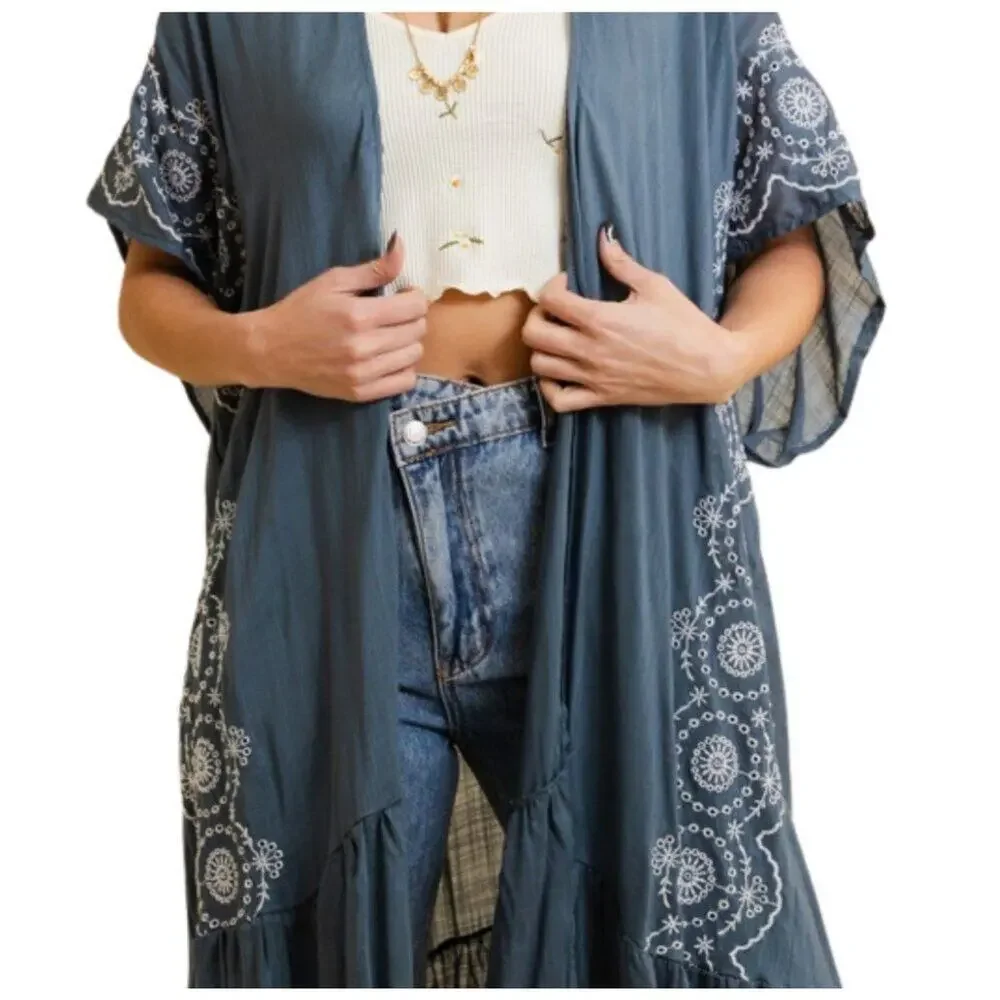 Boho Tribal Embroidered Kimono 1 Sz Lightweight Blue Grey Denim Style - Picture 2 of 5